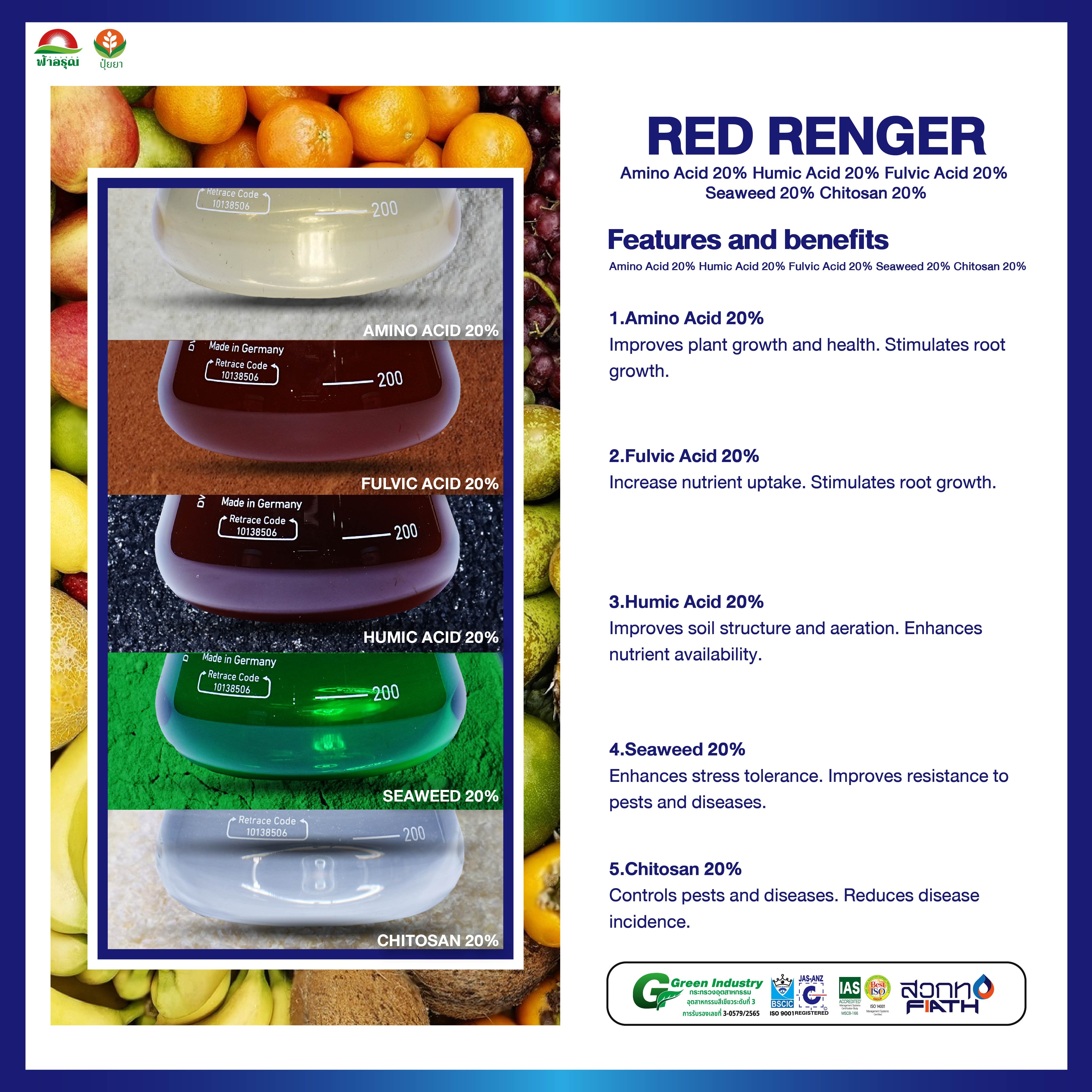 RED RENGER Liquid Amino Humic Fulvic Seaweed Chitrosan Fertilizer for Soil Nutrition in Agriculture Thailand