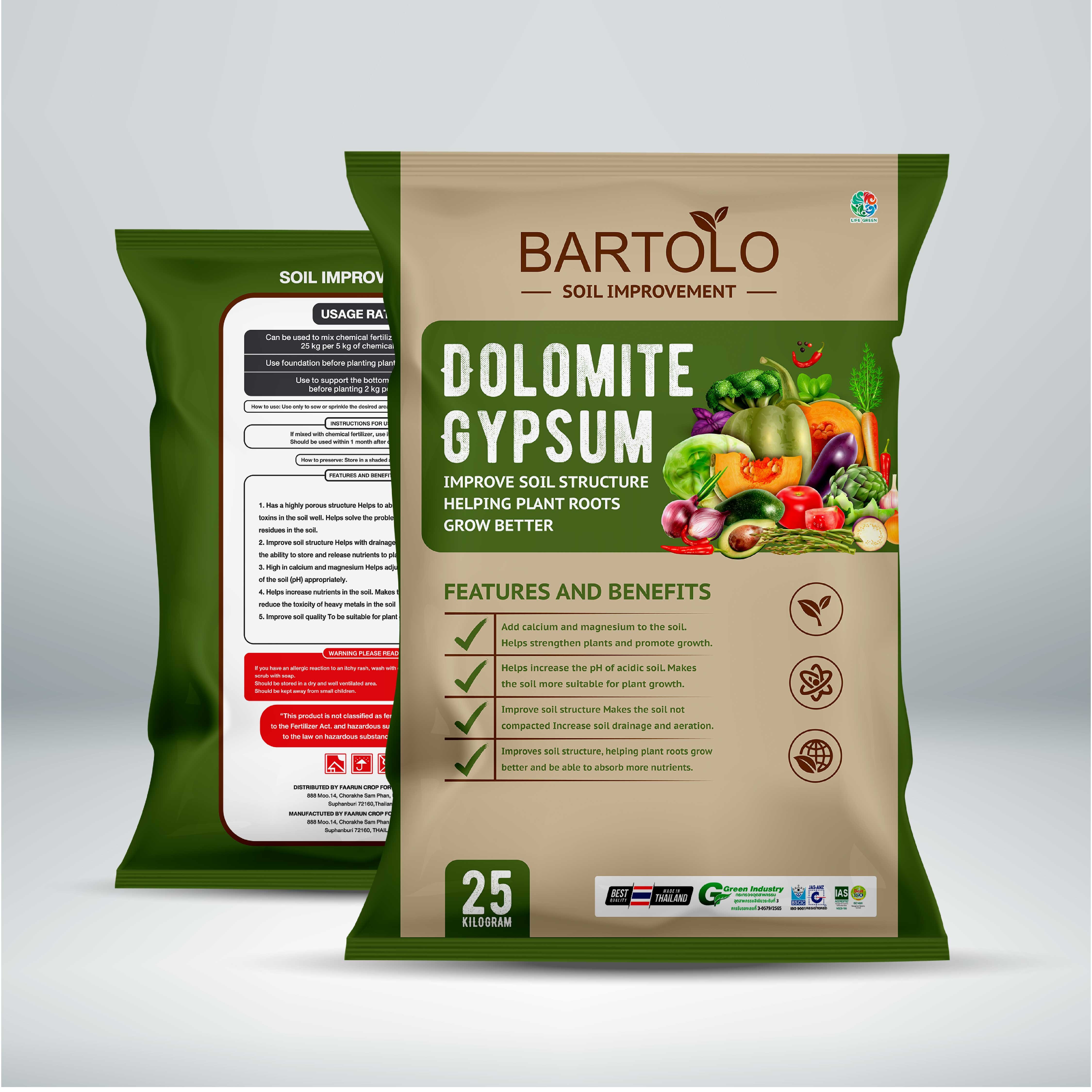 BARTOLO Organic Fertilizer for Plant Agriculture Dolomite Gypsum Soil Improvement Powder Granular State from Thailand