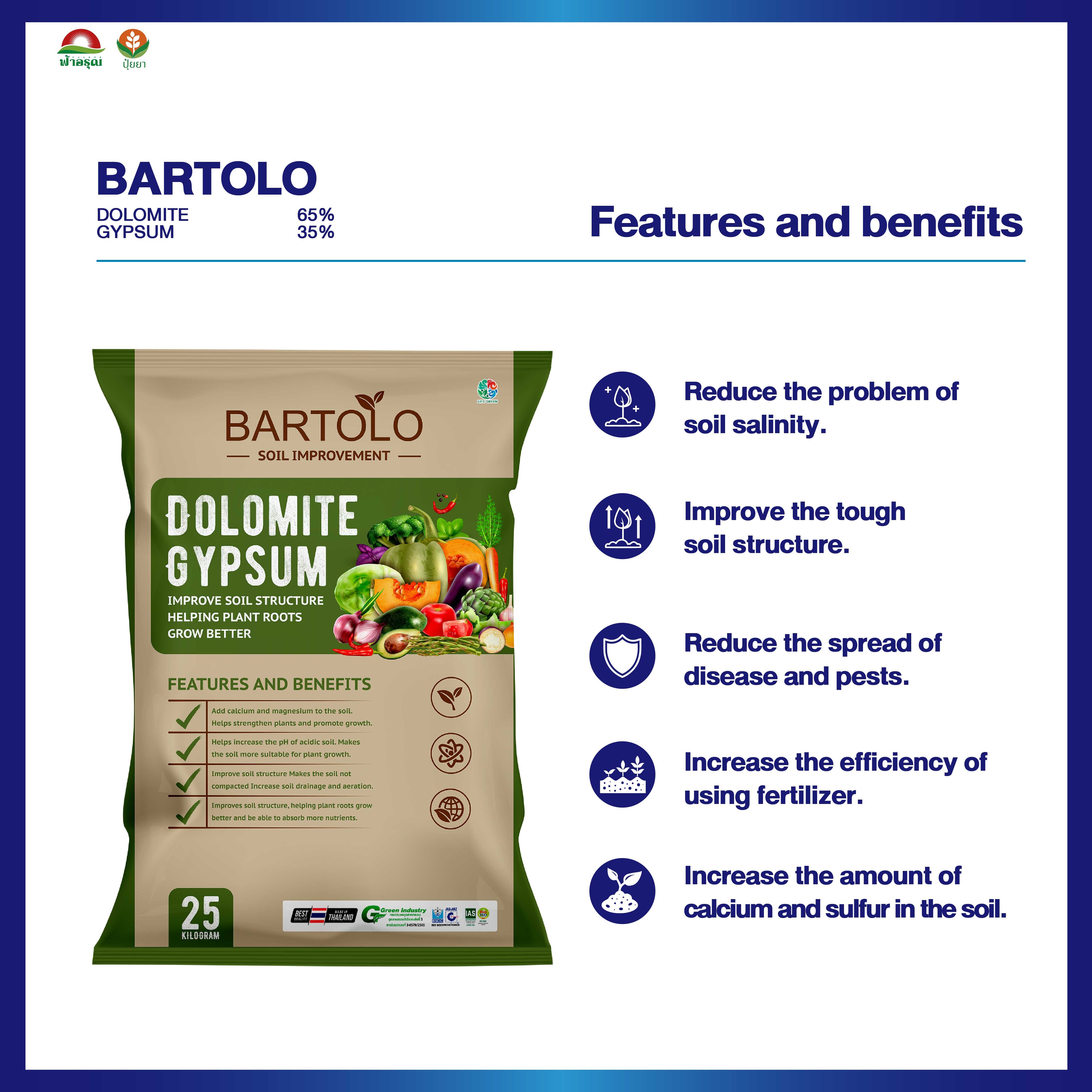 BARTOLO Organic Fertilizer for Plant Agriculture Dolomite Gypsum Soil Improvement Powder Granular State from Thailand