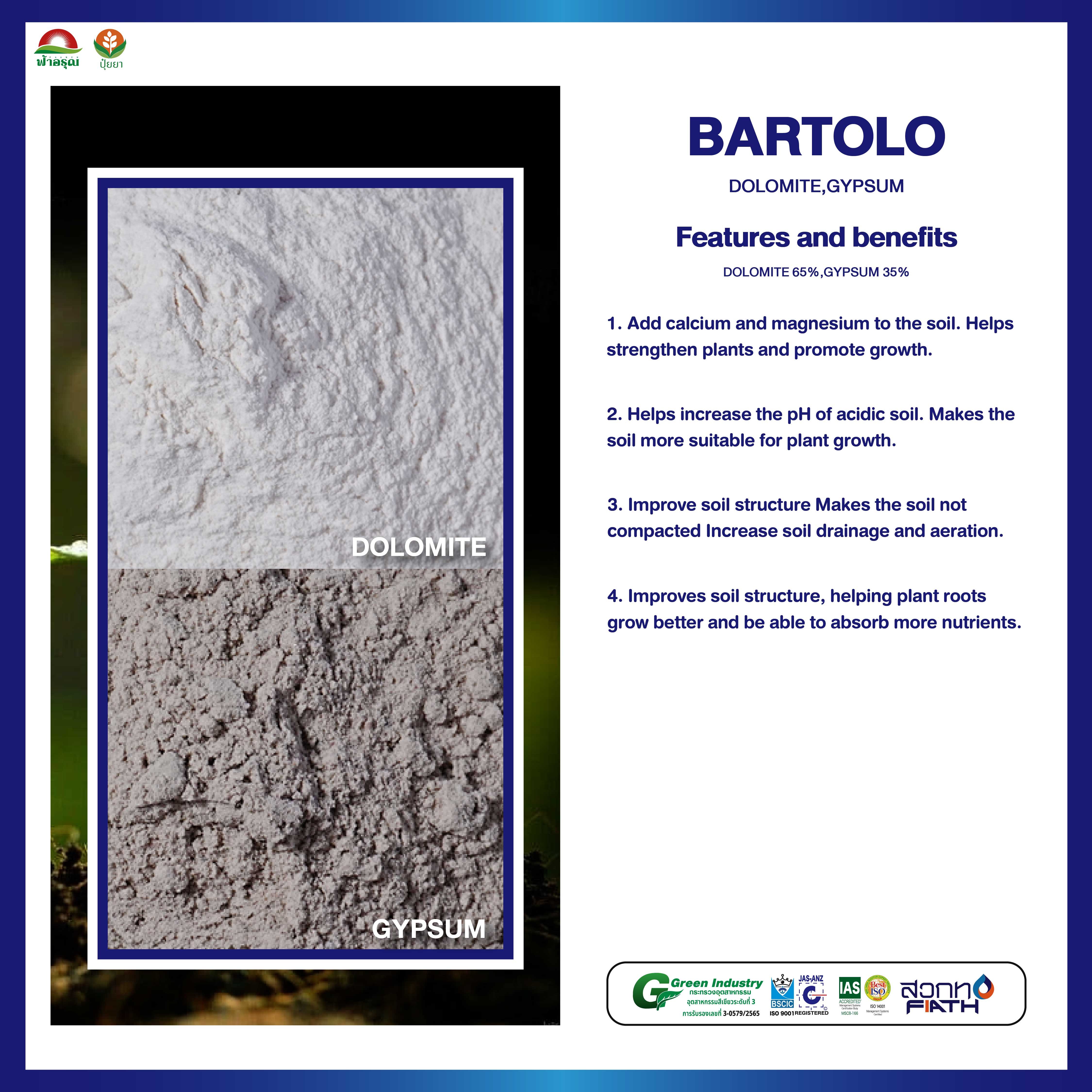 BARTOLO Organic Fertilizer for Plant Agriculture Dolomite Gypsum Soil Improvement Powder Granular State from Thailand