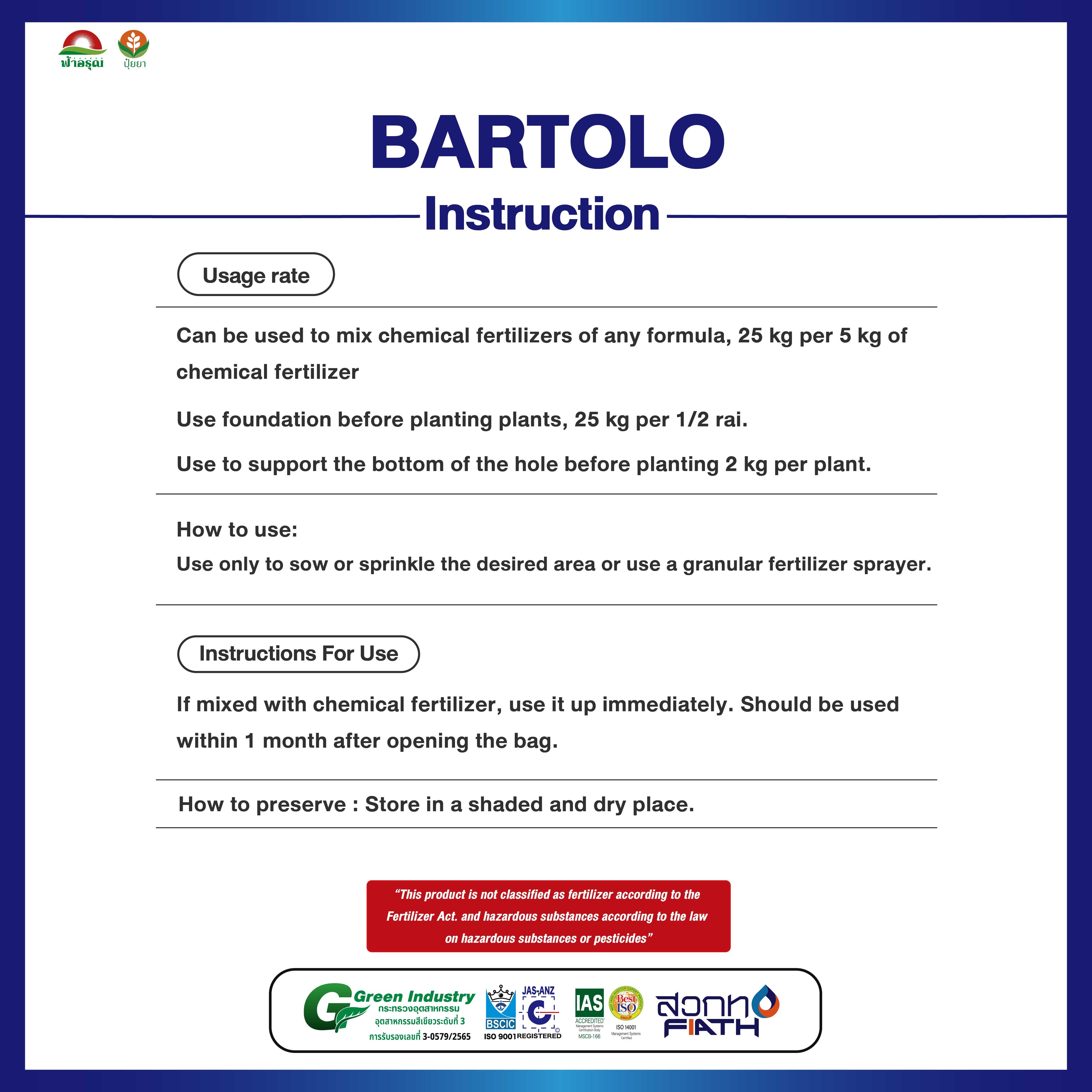 BARTOLO Organic Fertilizer for Plant Agriculture Dolomite Gypsum Soil Improvement Powder Granular State from Thailand