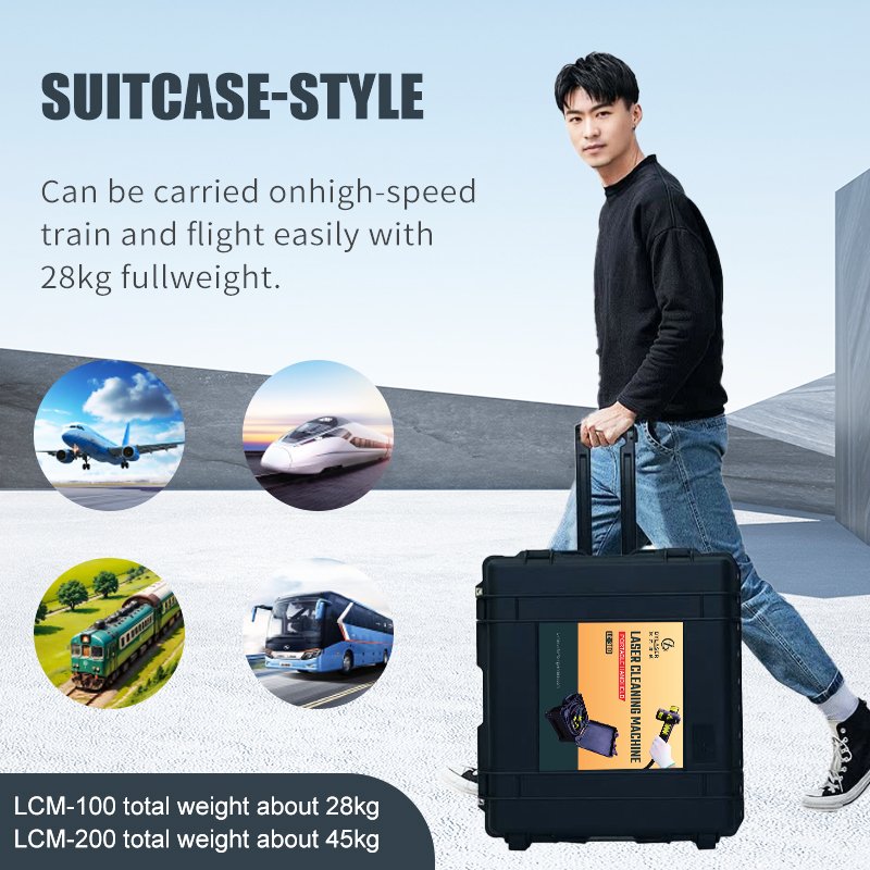 Portable suitcase luggage rust paint oil stains dust cleaning removal JPT 300W pulsed fiber laser cleaning machine