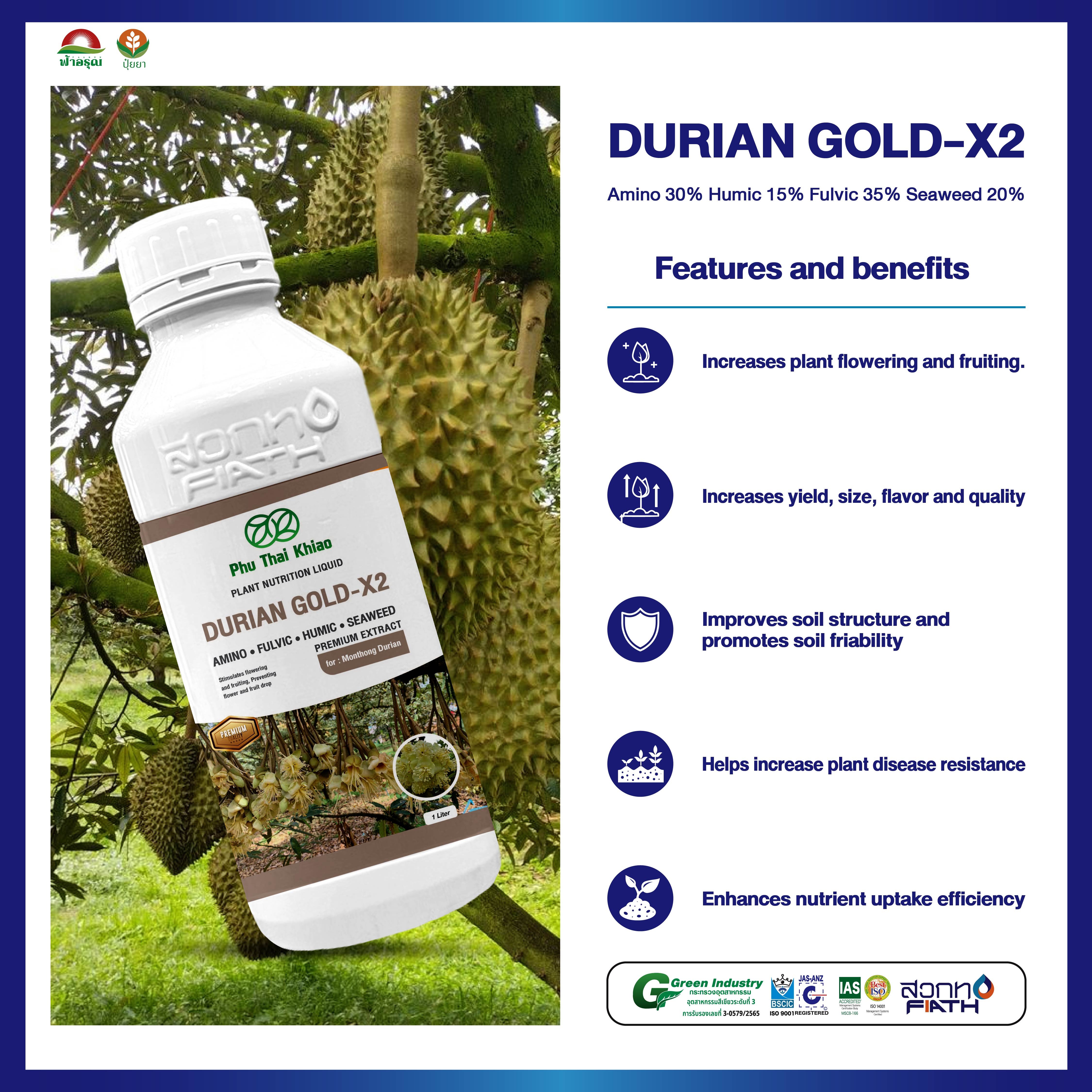 DURIAN GOLD-X2 Plant Nutrition Liquid Amino Humic Fulvic Seaweed Liquid Fertilizer for Plant for Agriculture for Monthong Durian