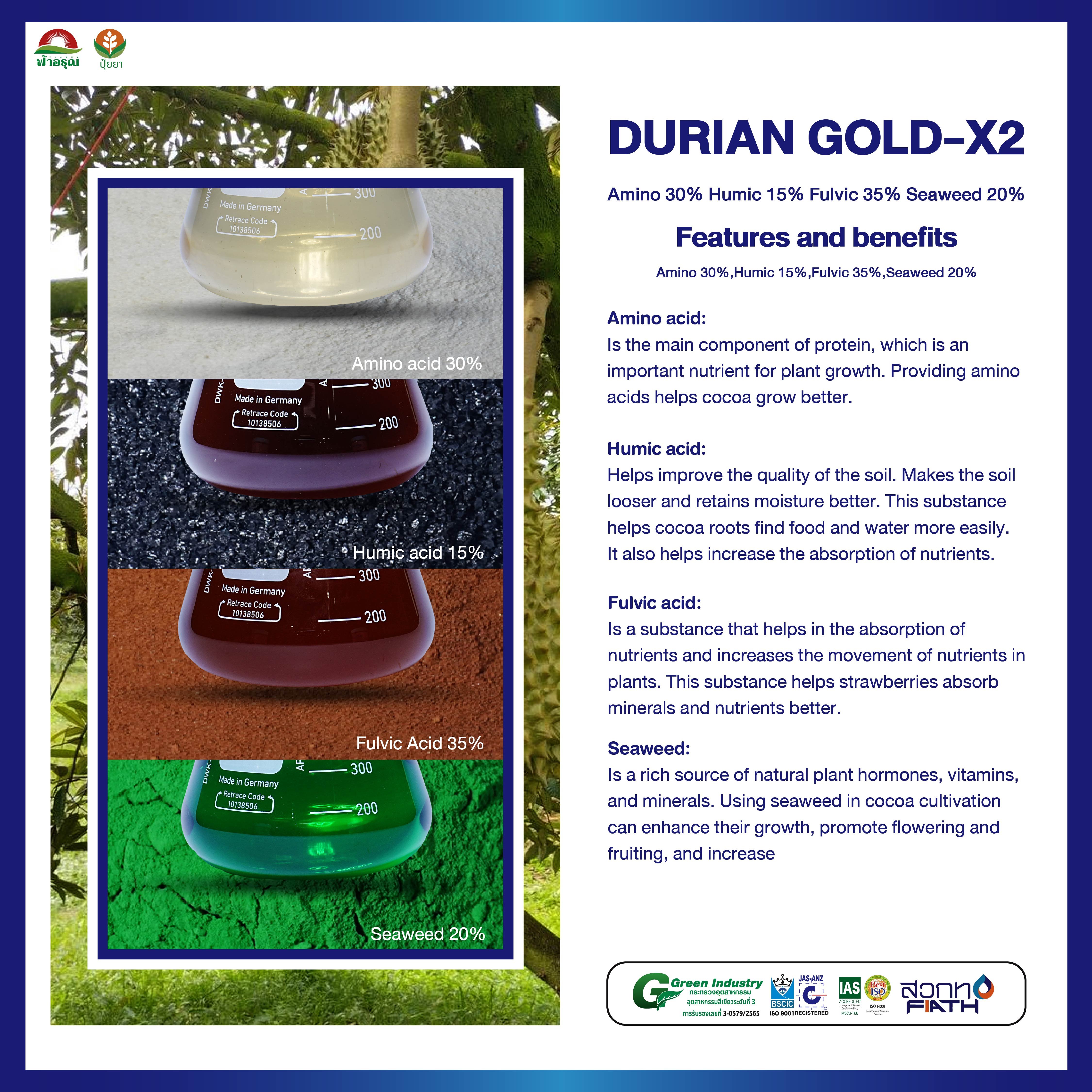 DURIAN GOLD-X2 Plant Nutrition Liquid Amino Humic Fulvic Seaweed Liquid Fertilizer for Plant for Agriculture for Monthong Durian