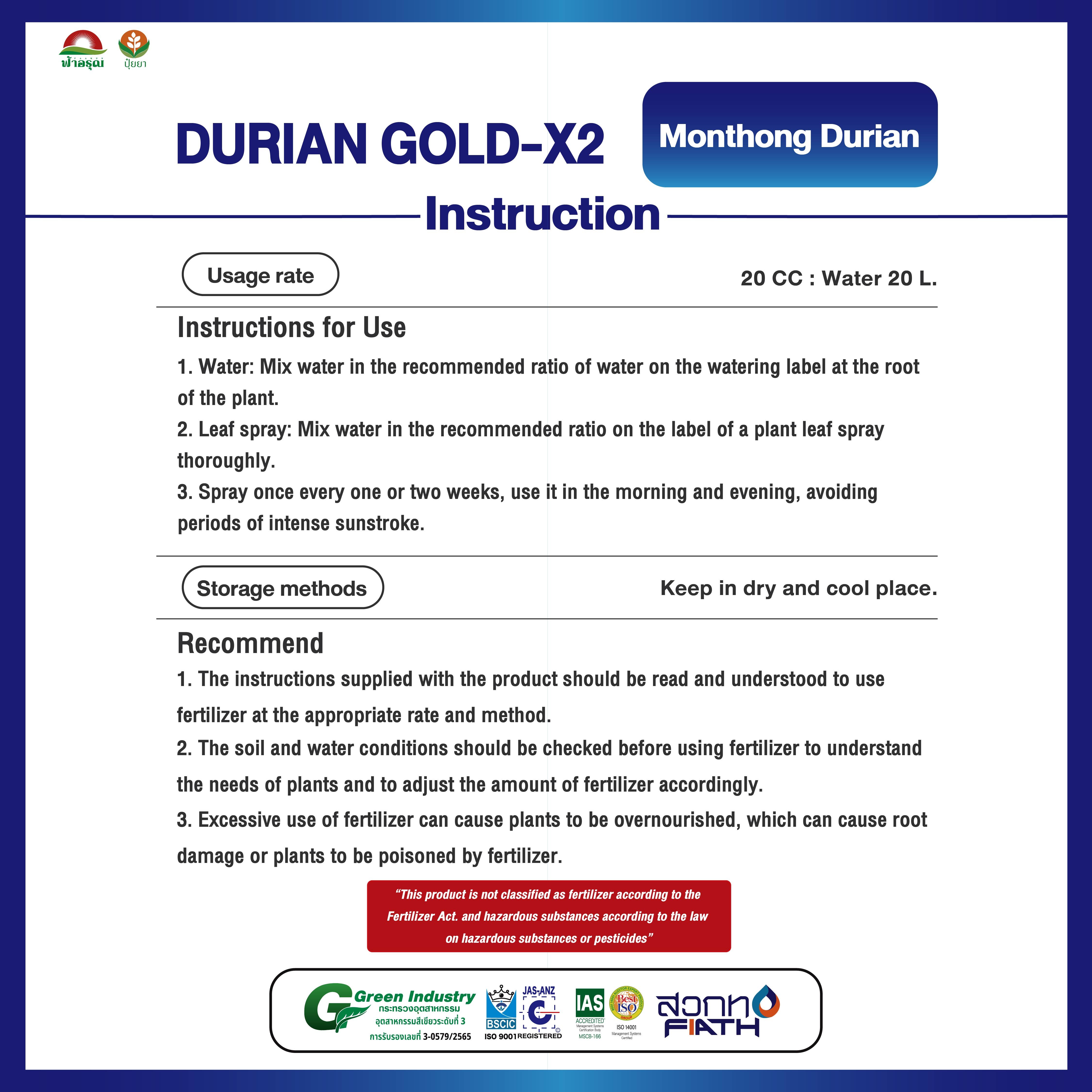DURIAN GOLD-X2 Plant Nutrition Liquid Amino Humic Fulvic Seaweed Liquid Fertilizer for Plant for Agriculture for Monthong Durian