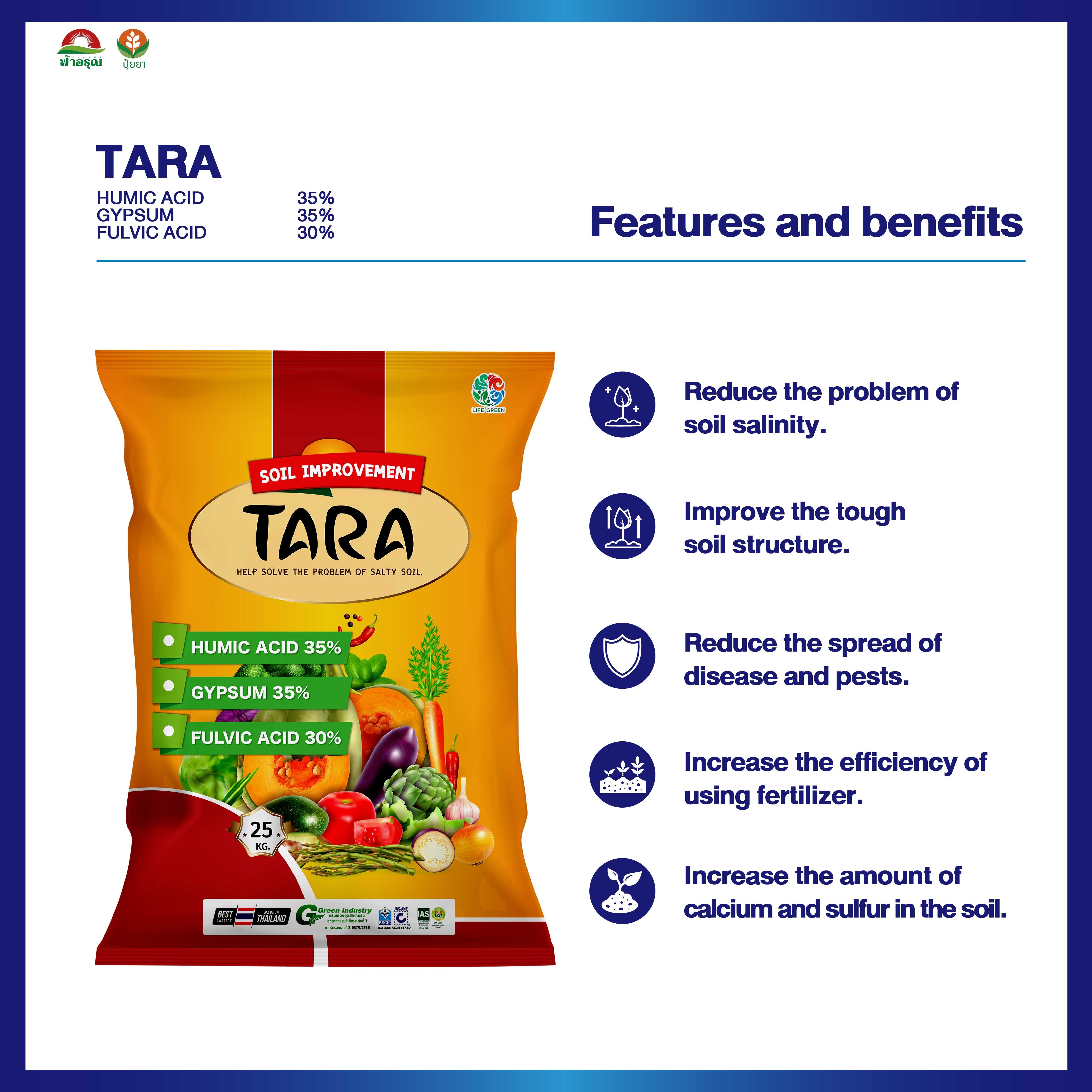 TARA Organic Fertilizer for Agriculture Soil Improvement Powder with Humic Gypsum Fulvic Acid from Thailand