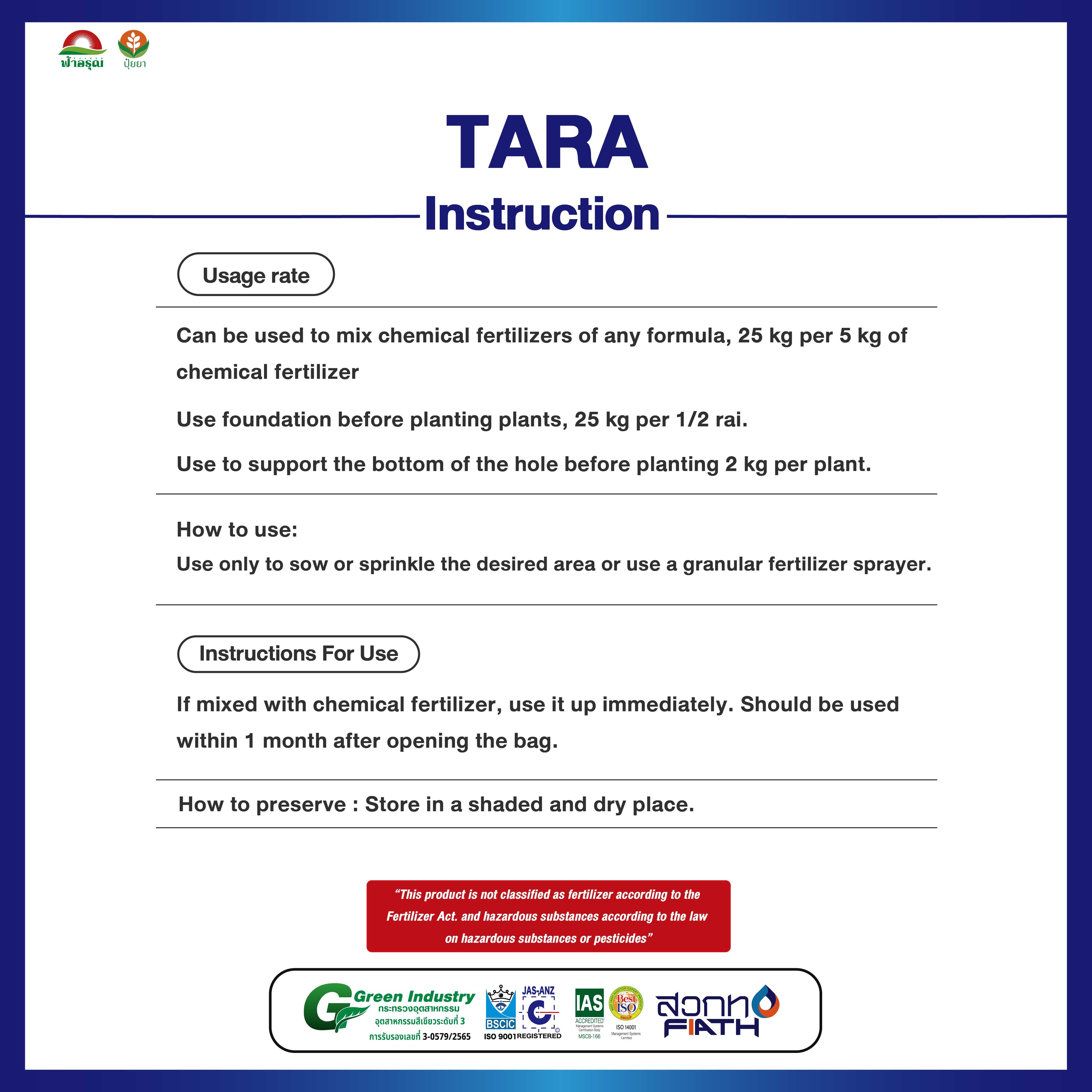 TARA Organic Fertilizer for Agriculture Soil Improvement Powder with Humic Gypsum Fulvic Acid from Thailand