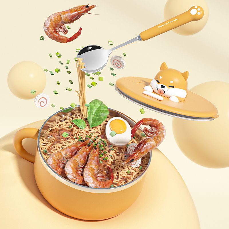 New Design Lovely Doggie Bento Bowl Kids Stainless Steel 304 1200ml Cartoon Bowl Spoon Kids Lunch Box Instant Noodle Bowl