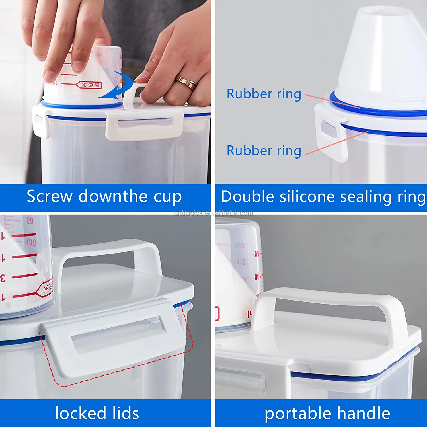 Water-tight Sealing Rice Container Air Tight Crisper Food Storage Box With Measuring Cup