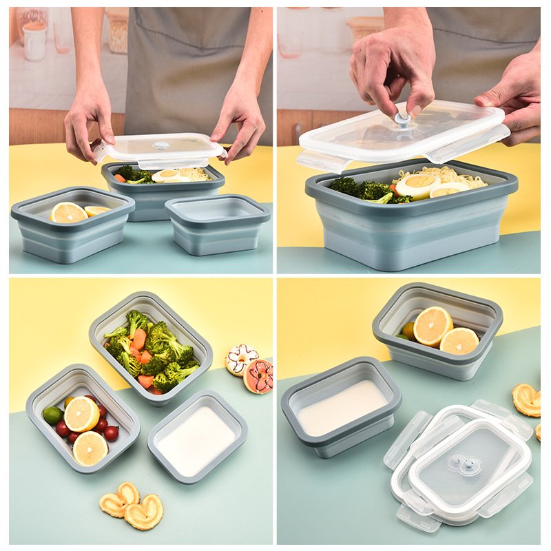 Foldable food grade silicone folding Microwavable food containers collapsible food storage Silicone Lunch Box