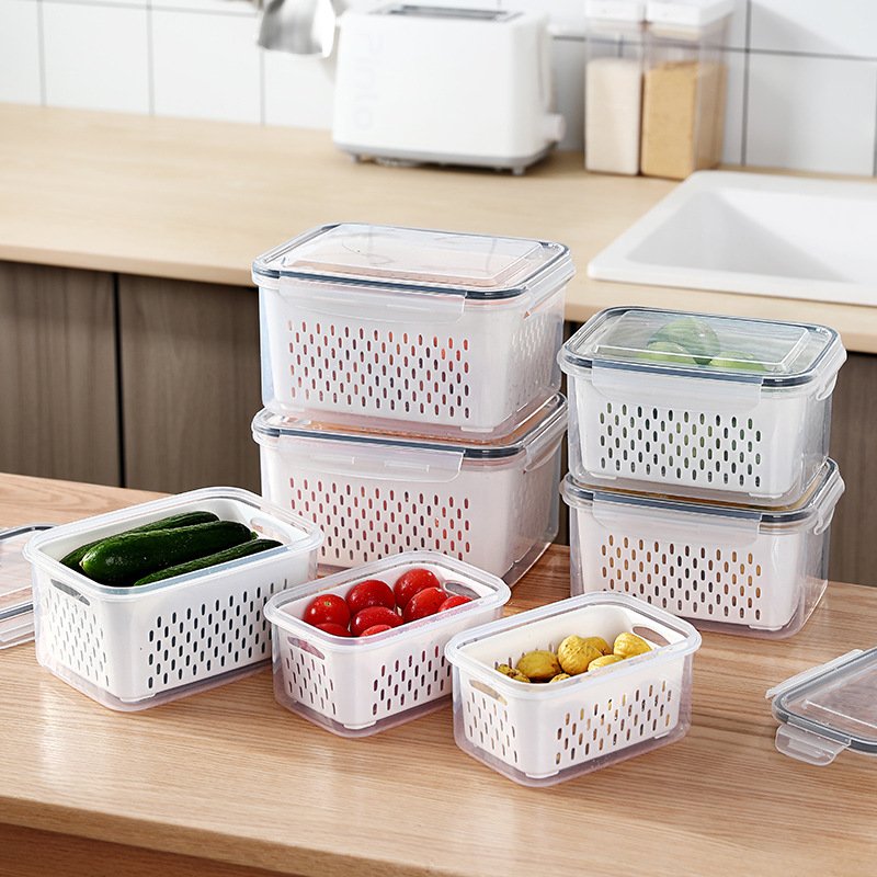 Household Refrigerator Fresh-keeping Box Kitchen Drain Basket Storage Box with Cover Washing Fruit and Vegetable Basket Plastic