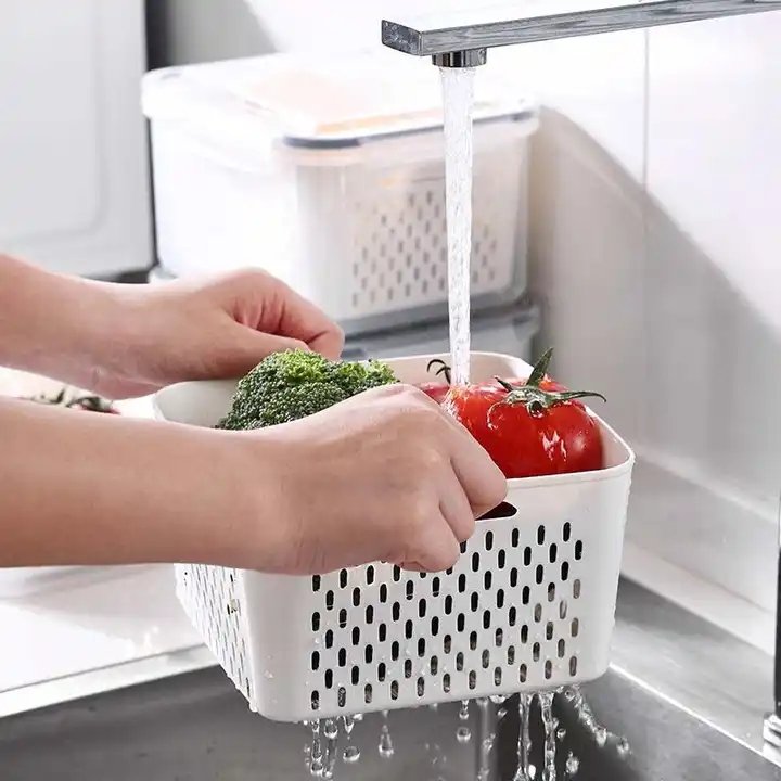 Household Refrigerator Fresh-keeping Box Kitchen Drain Basket Storage Box with Cover Washing Fruit and Vegetable Basket Plastic