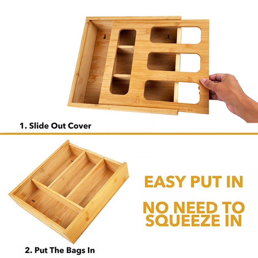 DS999 Bamboo Kitchen Drawer Dispenser Wooden Baggie Food Storage Bag Holders Organizer Bamboo Ziplock Bag Storage Organizer