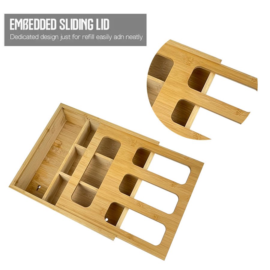 DS999 Bamboo Kitchen Drawer Dispenser Wooden Baggie Food Storage Bag Holders Organizer Bamboo Ziplock Bag Storage Organizer