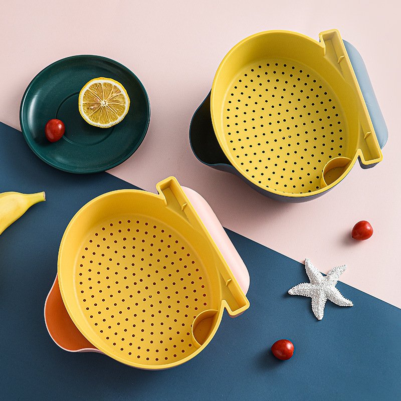 Household Plastic Double Layer Drain Basket Fruit Vegetables Snack Kitchen Storage With Phone Holder Basket