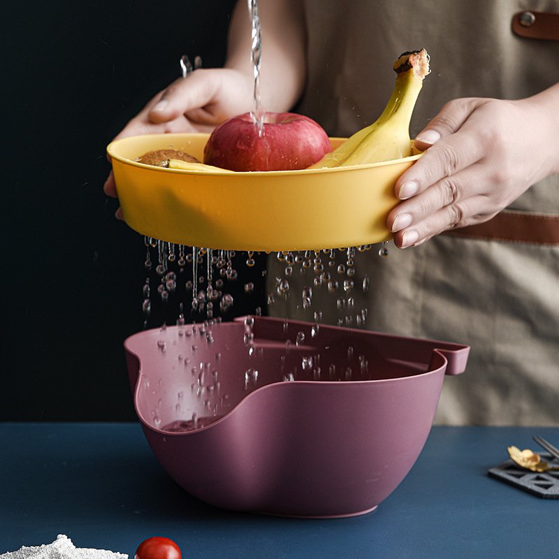 Household Plastic Double Layer Drain Basket Fruit Vegetables Snack Kitchen Storage With Phone Holder Basket