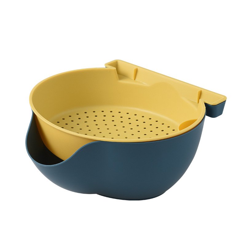 Household Plastic Double Layer Drain Basket Fruit Vegetables Snack Kitchen Storage With Phone Holder Basket