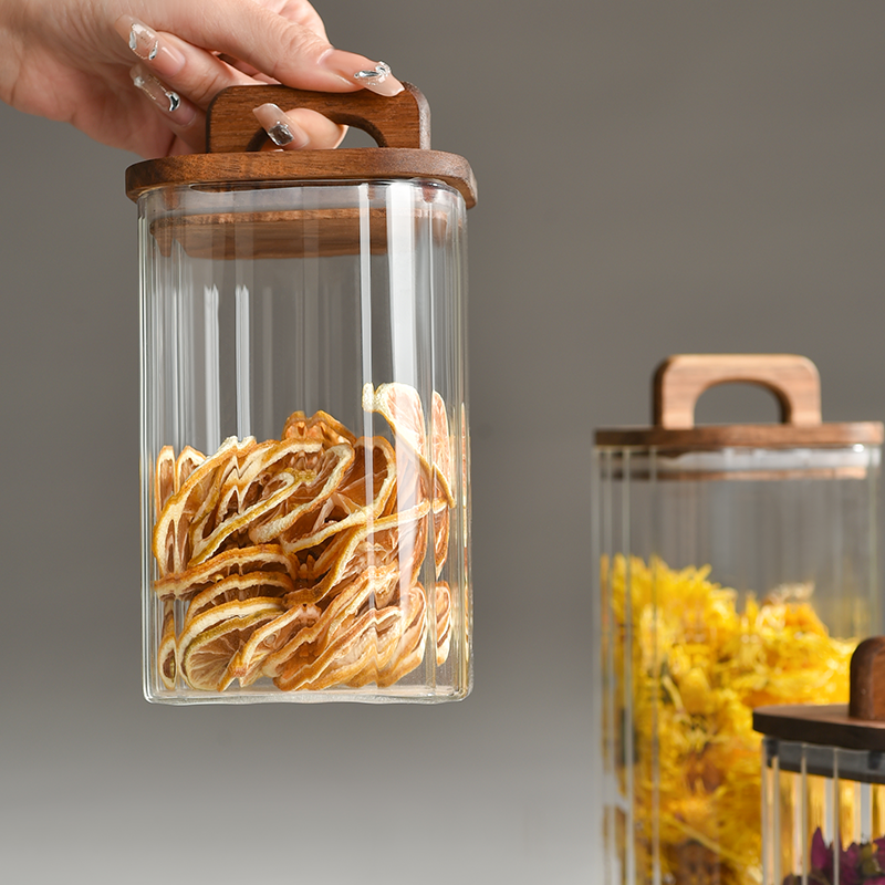 High Borosilicate Glass sealed storage jar Airtight Stripe Glass Food Storage Containers with Bamboo Lids Cookie Candy Sugar Jar