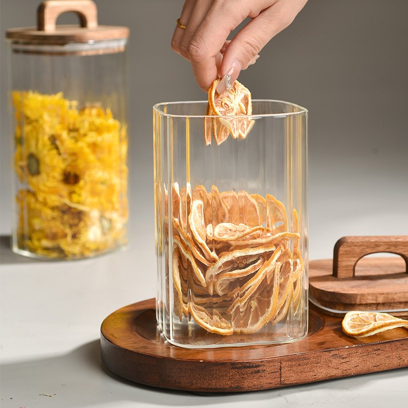 High Borosilicate Glass sealed storage jar Airtight Stripe Glass Food Storage Containers with Bamboo Lids Cookie Candy Sugar Jar
