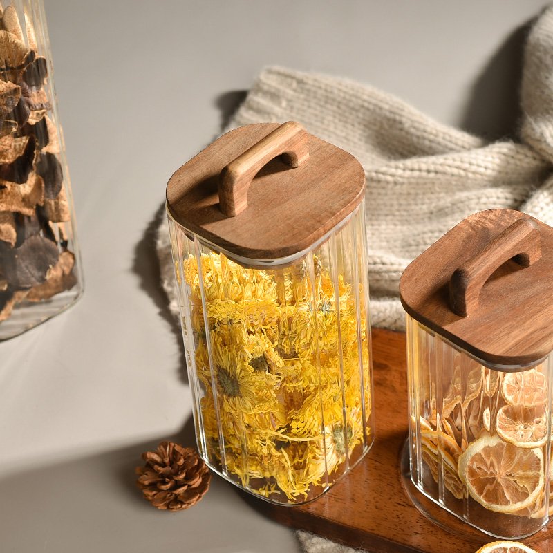 High Borosilicate Glass sealed storage jar Airtight Stripe Glass Food Storage Containers with Bamboo Lids Cookie Candy Sugar Jar