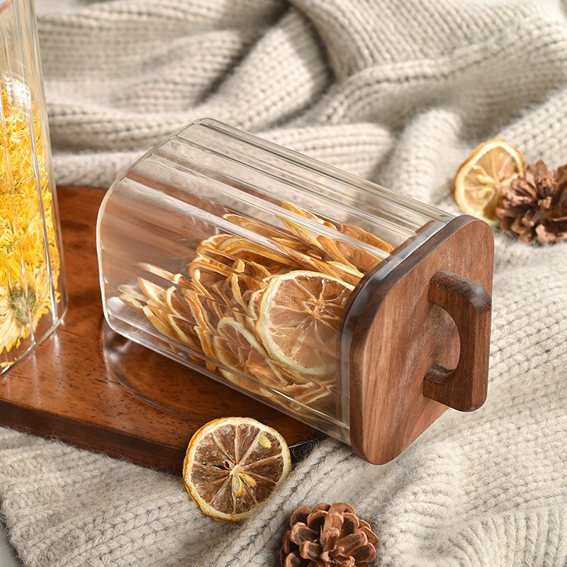 High Borosilicate Glass sealed storage jar Airtight Stripe Glass Food Storage Containers with Bamboo Lids Cookie Candy Sugar Jar