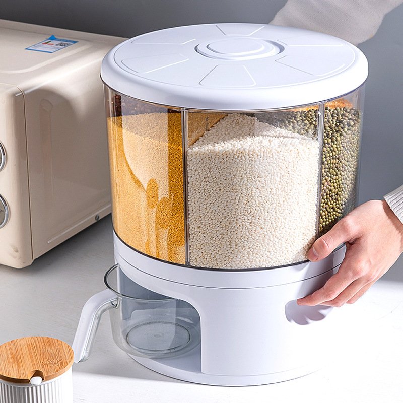 Kitchen Storage container Box Dry Food Rice Dispenser 6-Grid Rotating Rice Bucket Whole Grains Rice Container Storage with Lid