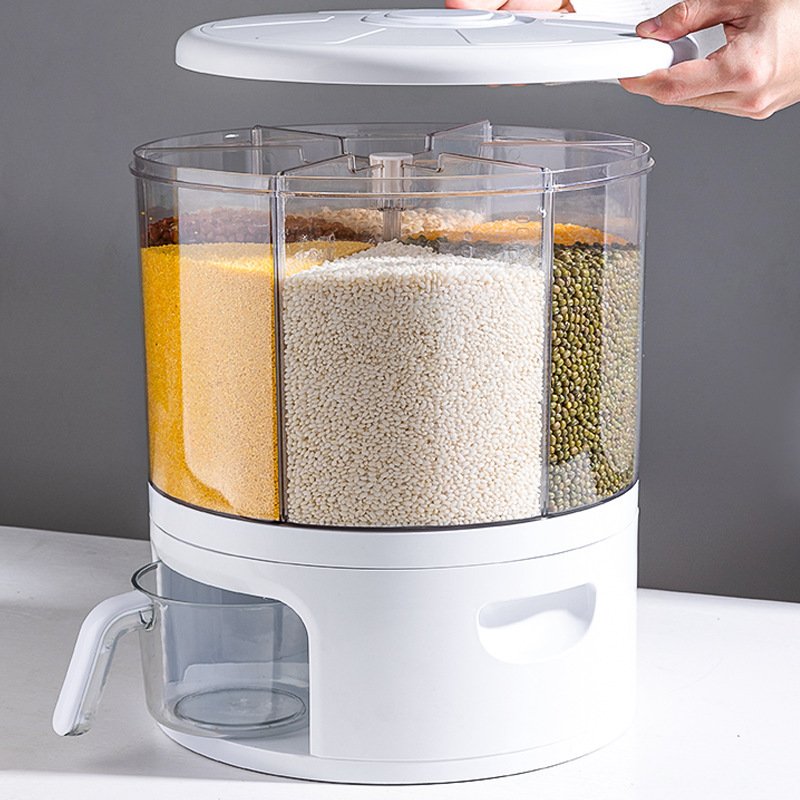 Kitchen Storage container Box Dry Food Rice Dispenser 6-Grid Rotating Rice Bucket Whole Grains Rice Container Storage with Lid
