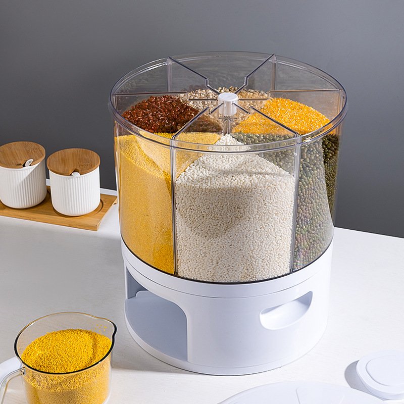 Kitchen Storage container Box Dry Food Rice Dispenser 6-Grid Rotating Rice Bucket Whole Grains Rice Container Storage with Lid