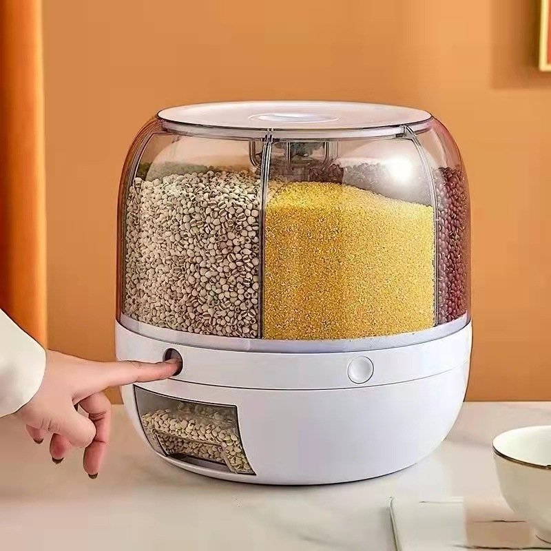 Kitchen Storage container Box Dry Food Rice Dispenser 6-Grid Rotating Rice Bucket Whole Grains Rice Container Storage with Lid