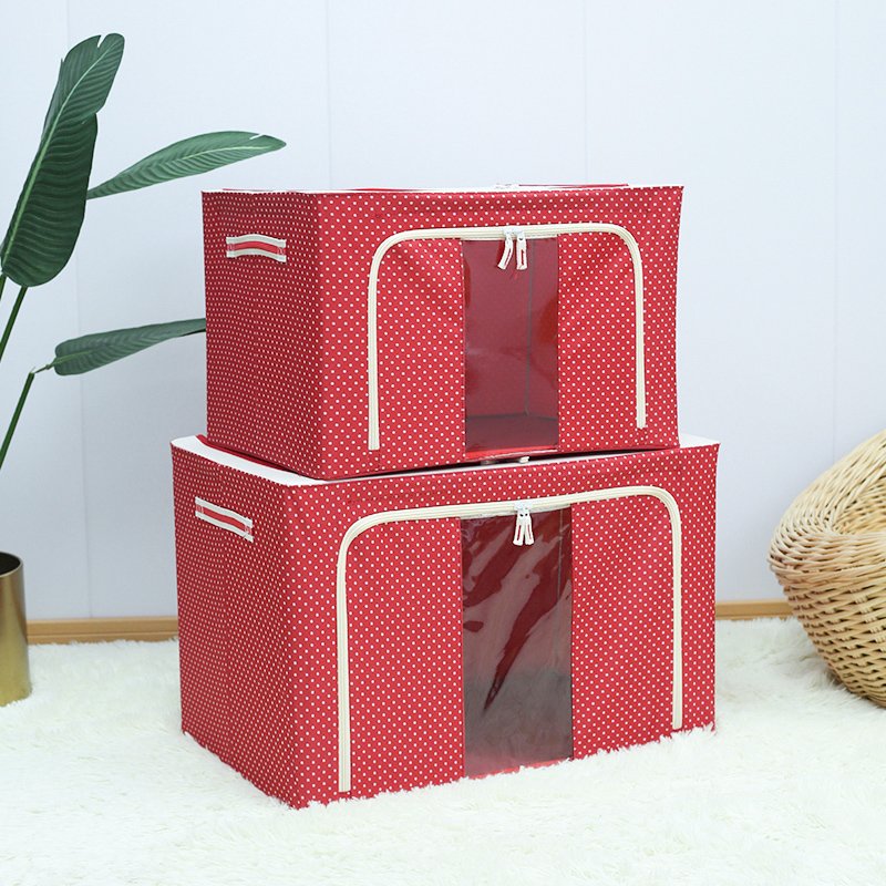 66L/100L Oxford Cloth Dots Printed Storage Box Clothes Folding Steel Frame Storage Organizer Transparent Clothing Toy Box