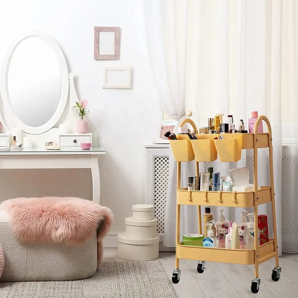 GRS Plastic Hot Sell Rolling 3 Tier Utility Storage Cart Lockable Storage Trolley 4 Wheel Storage Holders & Racks