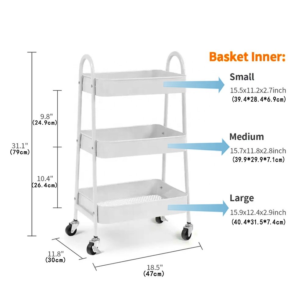 GRS Plastic Hot Sell Rolling 3 Tier Utility Storage Cart Lockable Storage Trolley 4 Wheel Storage Holders & Racks