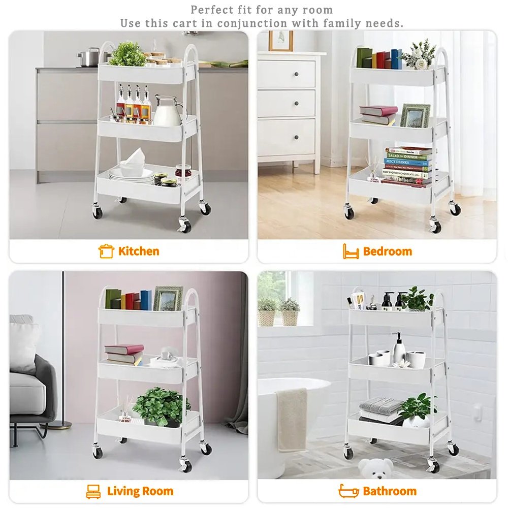 GRS Plastic Hot Sell Rolling 3 Tier Utility Storage Cart Lockable Storage Trolley 4 Wheel Storage Holders & Racks