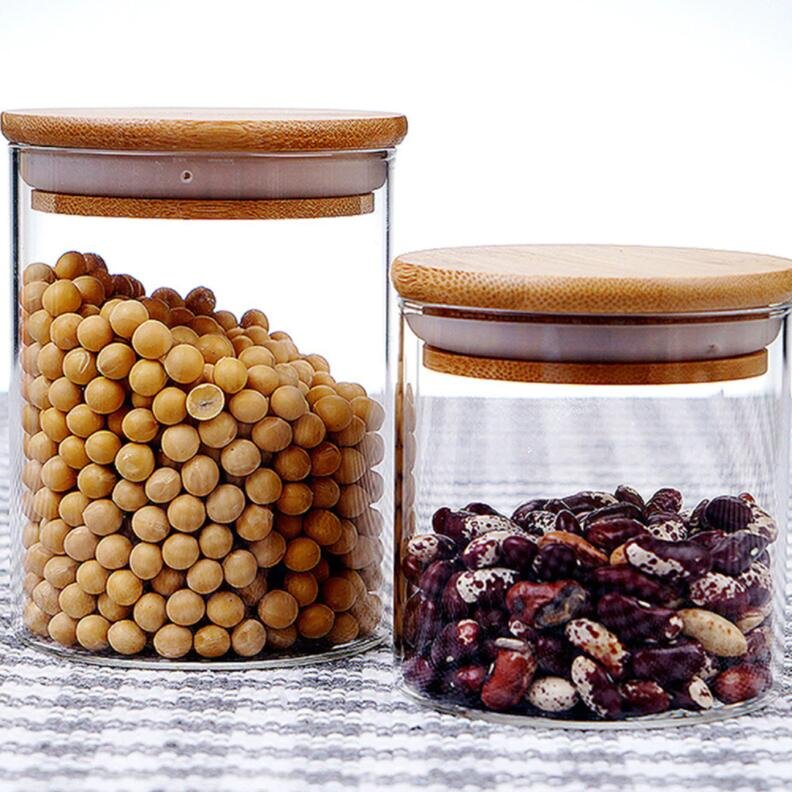 Clear Glass Jar spice glass jar Sealed Canister Food Storage Container for Loose Tea Coffee Bean Sugar Salt with Bamboo Lid