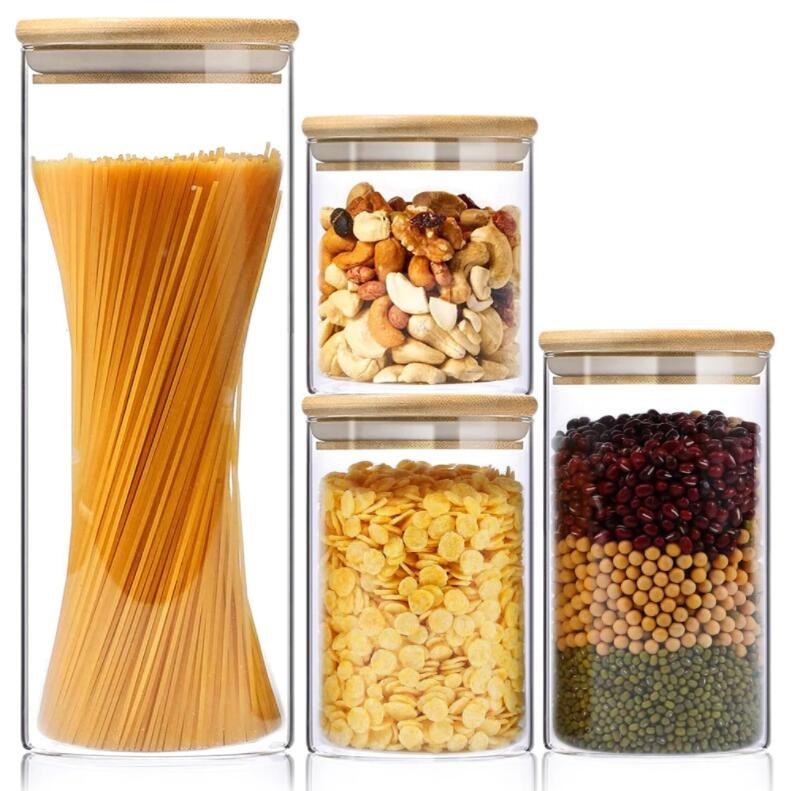 Clear Glass Jar spice glass jar Sealed Canister Food Storage Container for Loose Tea Coffee Bean Sugar Salt with Bamboo Lid