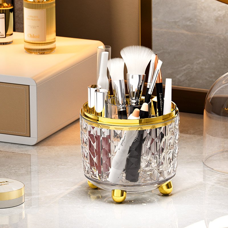 360 Degree Clear Dressing Table Desk Organizer Container Holder Rack Eyeliner Eyebrow Pencil Cosmetic Makeup Brushes Storage Box