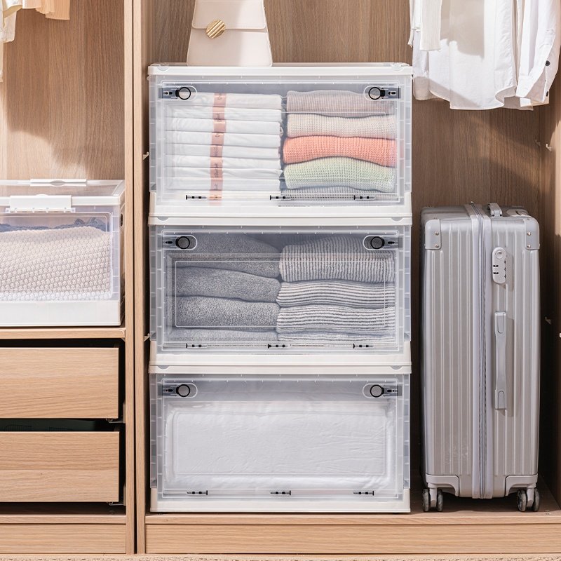 40 L Collapsible Storage Bins Sideways Door Clear Folding Plastic Stackable Plastic Boxes with Lids and Wheel