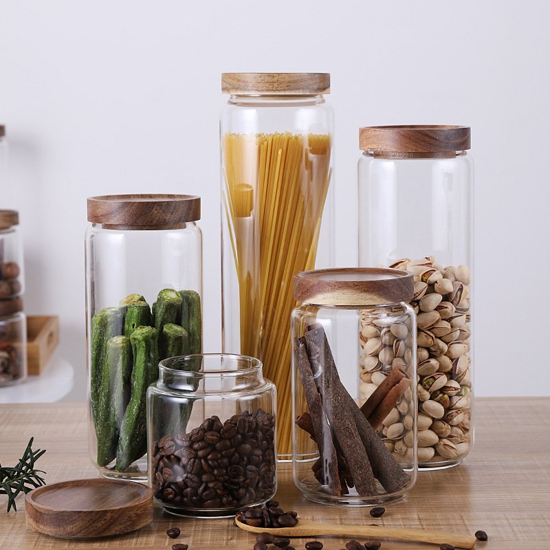 Borosilicate Glass Kitchen Container/Canisters with Acacia Wood Air-tight Lid Glass Food Storage Jars for Kitchen