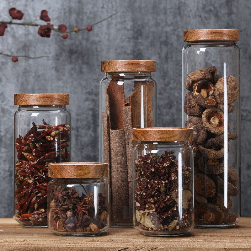 Borosilicate Glass Kitchen Container/Canisters with Acacia Wood Air-tight Lid Glass Food Storage Jars for Kitchen