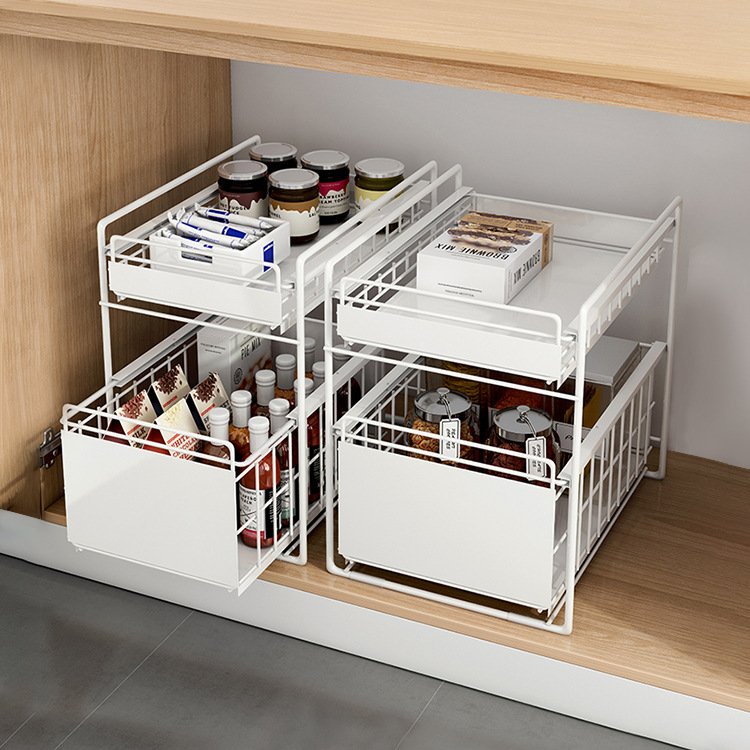 New 2-layer metal table foldable spice rack organizer storage box with drawer