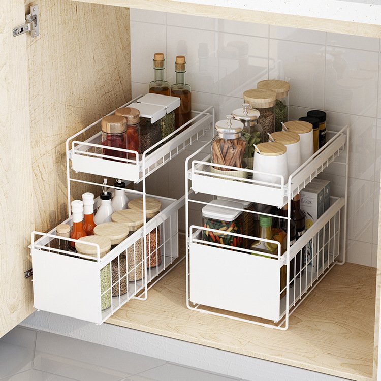 New 2-layer metal table foldable spice rack organizer storage box with drawer