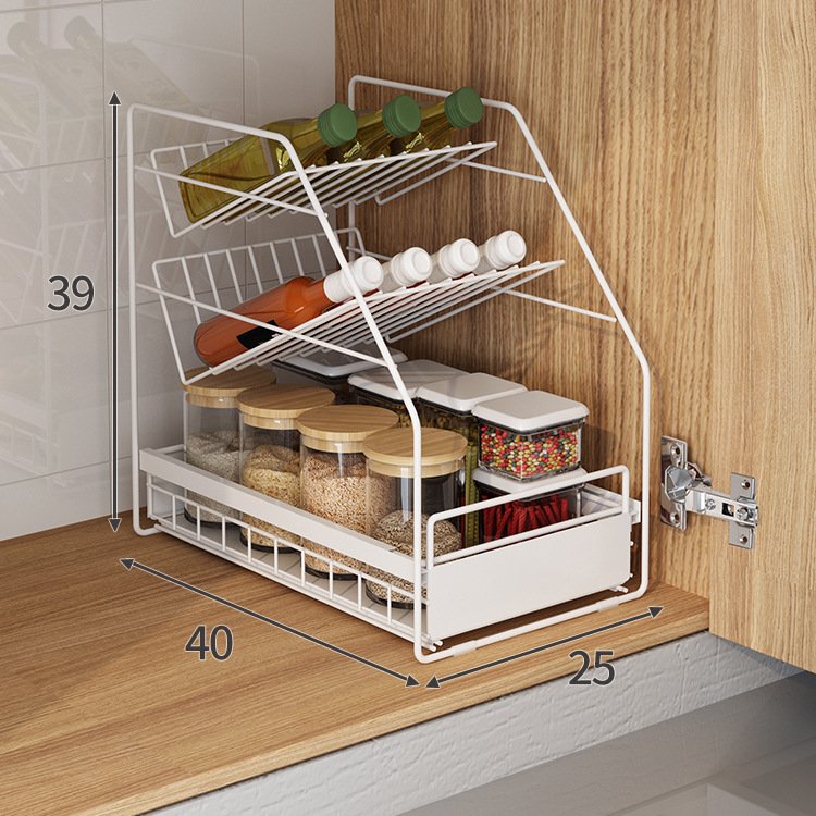 New 2-layer metal table foldable spice rack organizer storage box with drawer