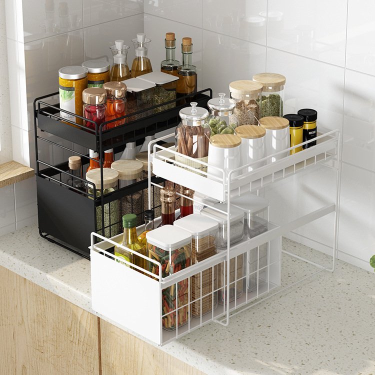 New 2-layer metal table foldable spice rack organizer storage box with drawer