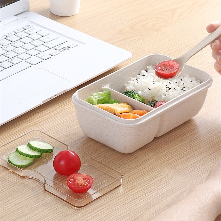 Portable Microwave Safe 2 Compartments Bento Lunch Box Wheat Straw Bento Box for Meal Prep Food Storage