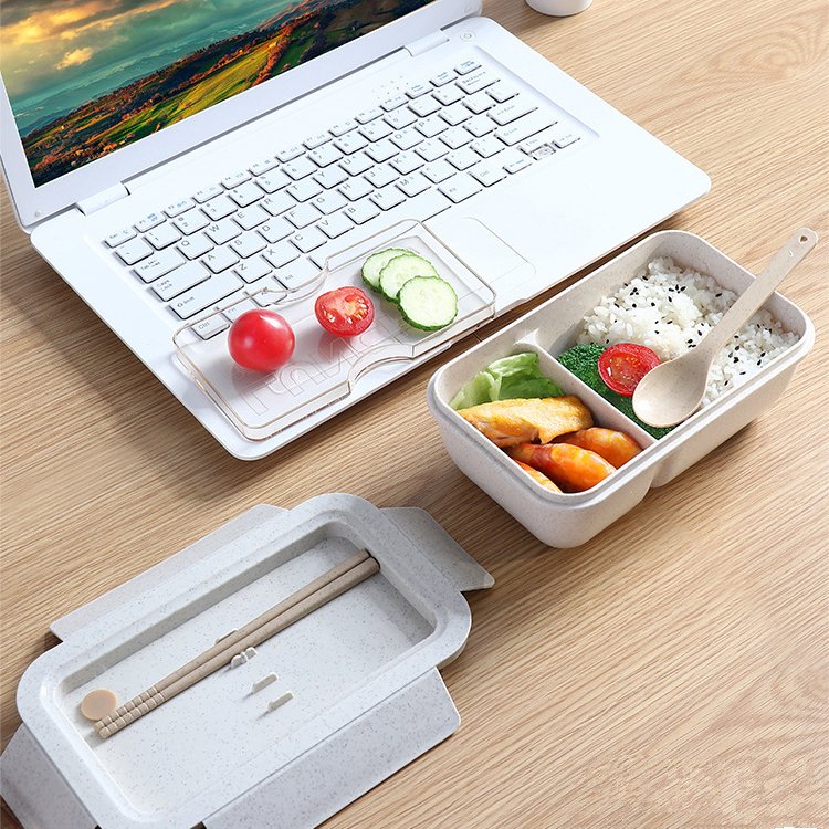 Portable Microwave Safe 2 Compartments Bento Lunch Box Wheat Straw Bento Box for Meal Prep Food Storage