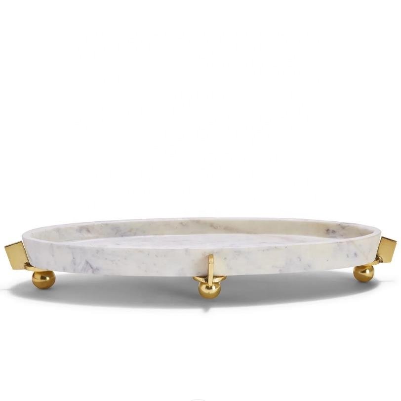Sleek White Marble Centerpiece Oval Food Storage container tableware serving Tray with Brass Ball Feet food fruit tray