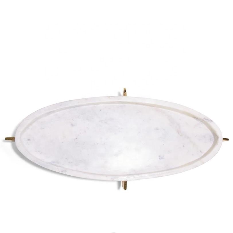 Sleek White Marble Centerpiece Oval Food Storage container tableware serving Tray with Brass Ball Feet food fruit tray
