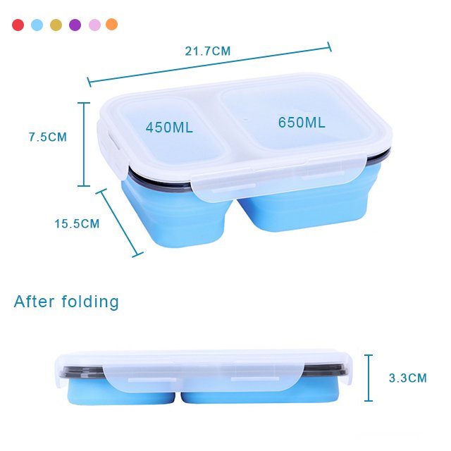 2 Compartment Collapsible Silicone Foldable Silicone bento Lunch box kids with Lid microwave Food Storage Container