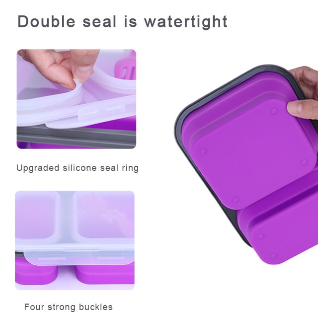 2 Compartment Collapsible Silicone Foldable Silicone bento Lunch box kids with Lid microwave Food Storage Container