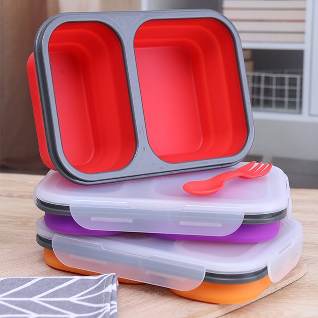 2 Compartment Collapsible Silicone Foldable Silicone bento Lunch box kids with Lid microwave Food Storage Container